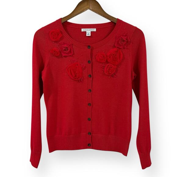 Banana Republic Floral Embellished Red Cardigan Merino Wool Blend SP Holiday - Picture 1 of 11